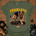 Military green graphic dog T-shirt with 'Fearless' text and running German shepherd print