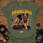Military green graphic dog T-shirt with 'Fearless' text and running German shepherd print