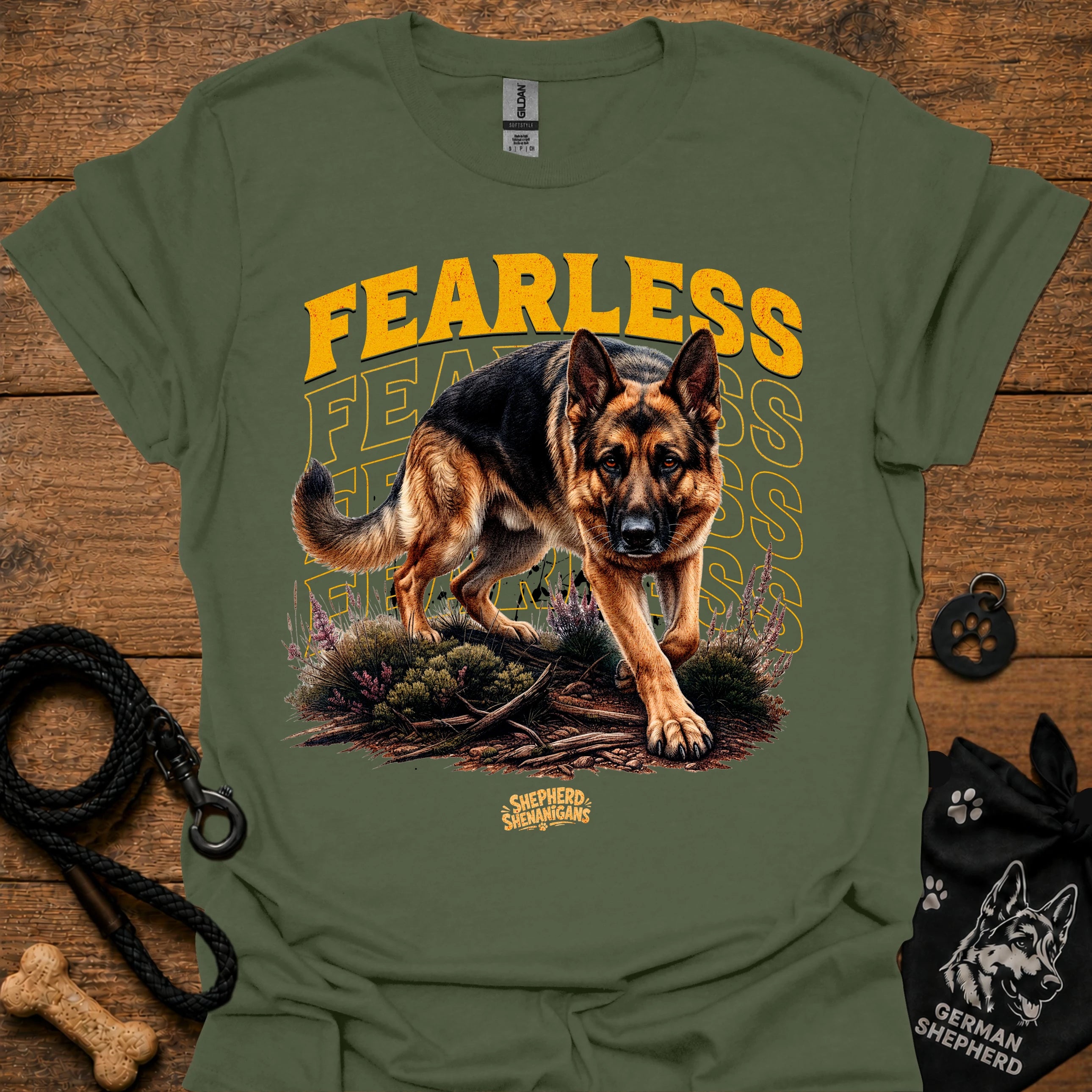 Military green graphic dog T-shirt with 'Fearless' text and running German shepherd print