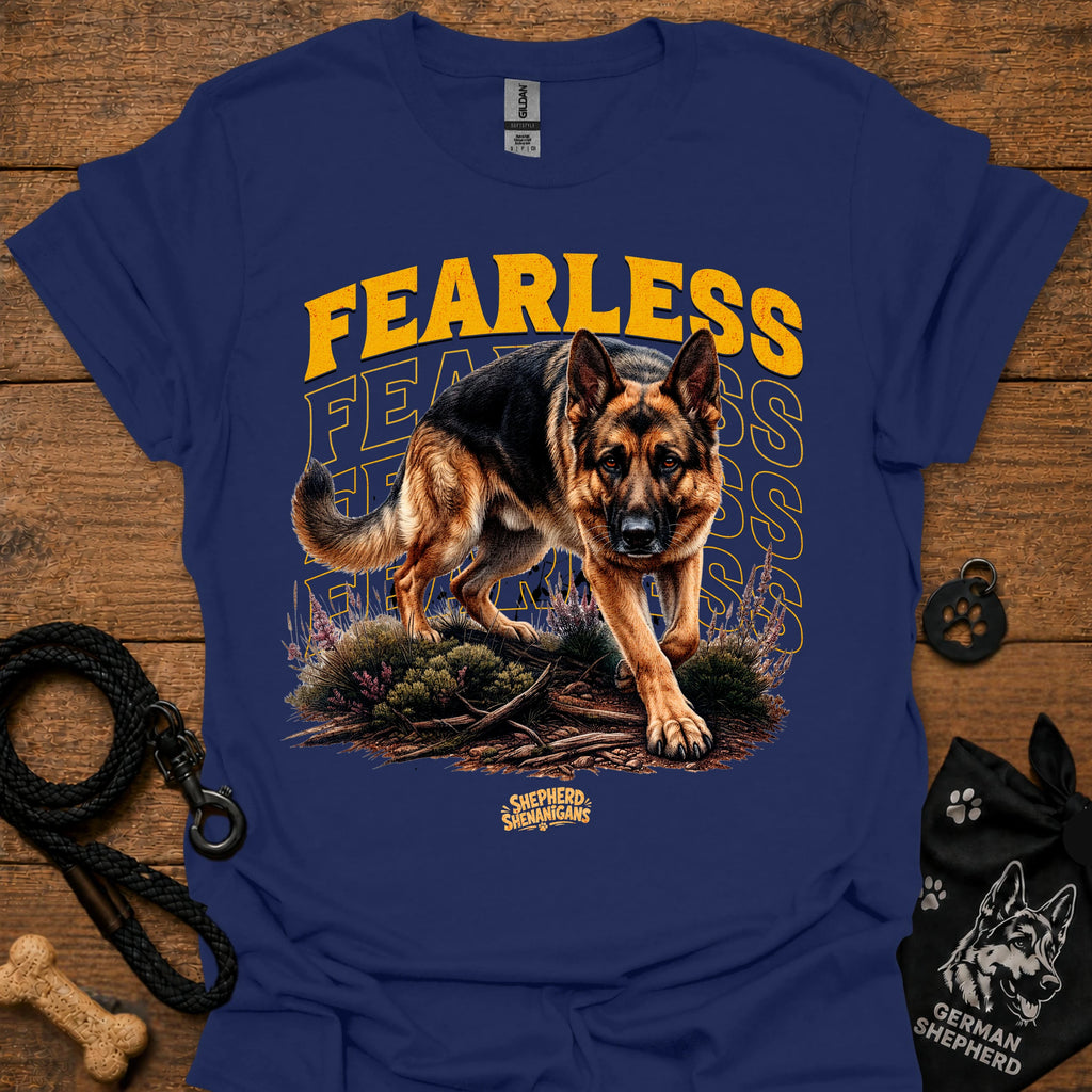 Navy graphic dog T-shirt with 'Fearless' text and running German shepherd print