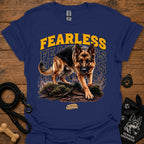 Navy graphic dog T-shirt with 'Fearless' text and running German shepherd print