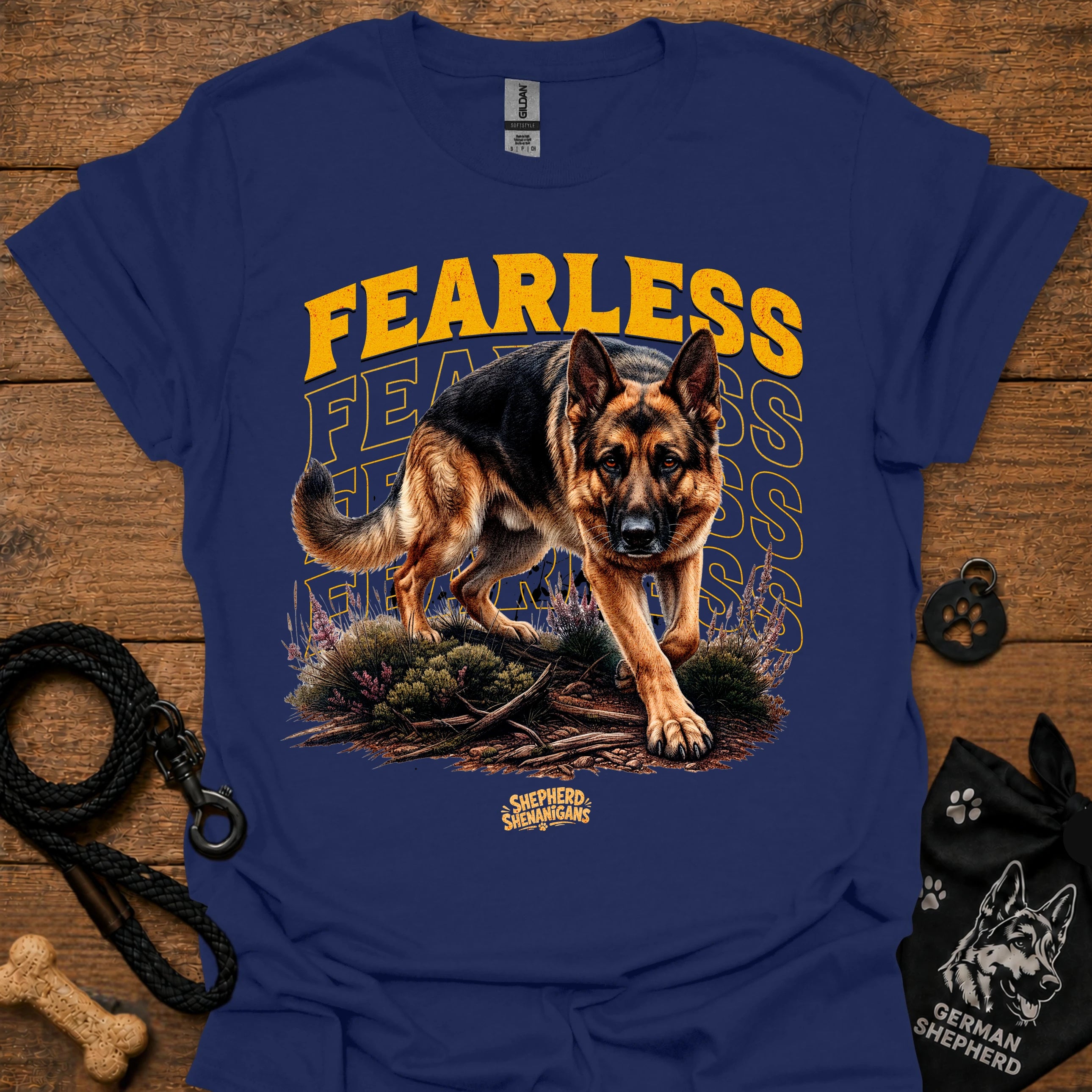 Navy graphic dog T-shirt with 'Fearless' text and running German shepherd print