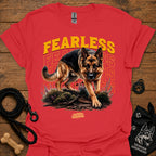 Red graphic dog T-shirt with 'Fearless' text and running German shepherd print