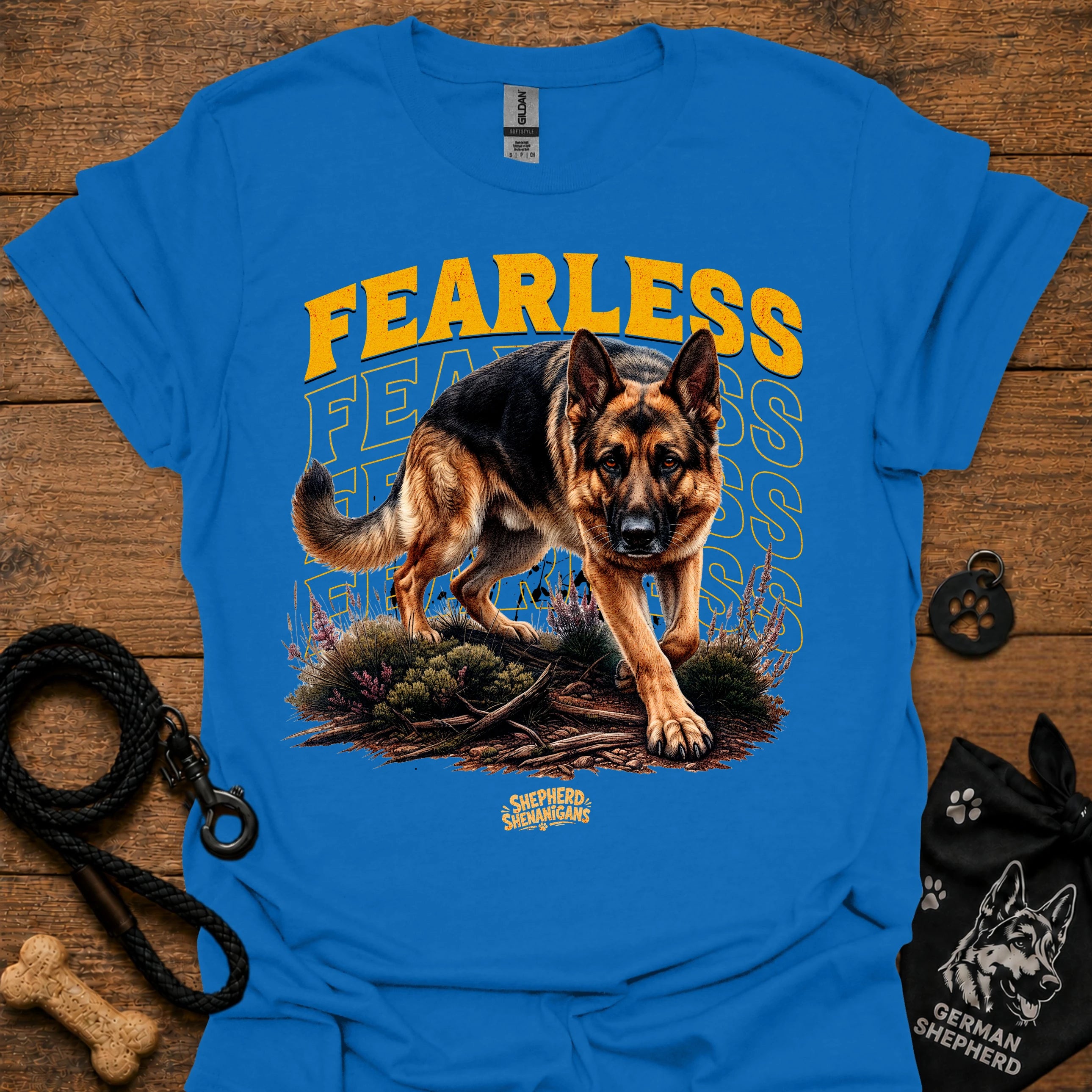Royal blue graphic dog T-shirt with 'Fearless' text and running German shepherd print