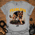 Sport grey graphic dog T-shirt with 'Fearless' text and running German shepherd print