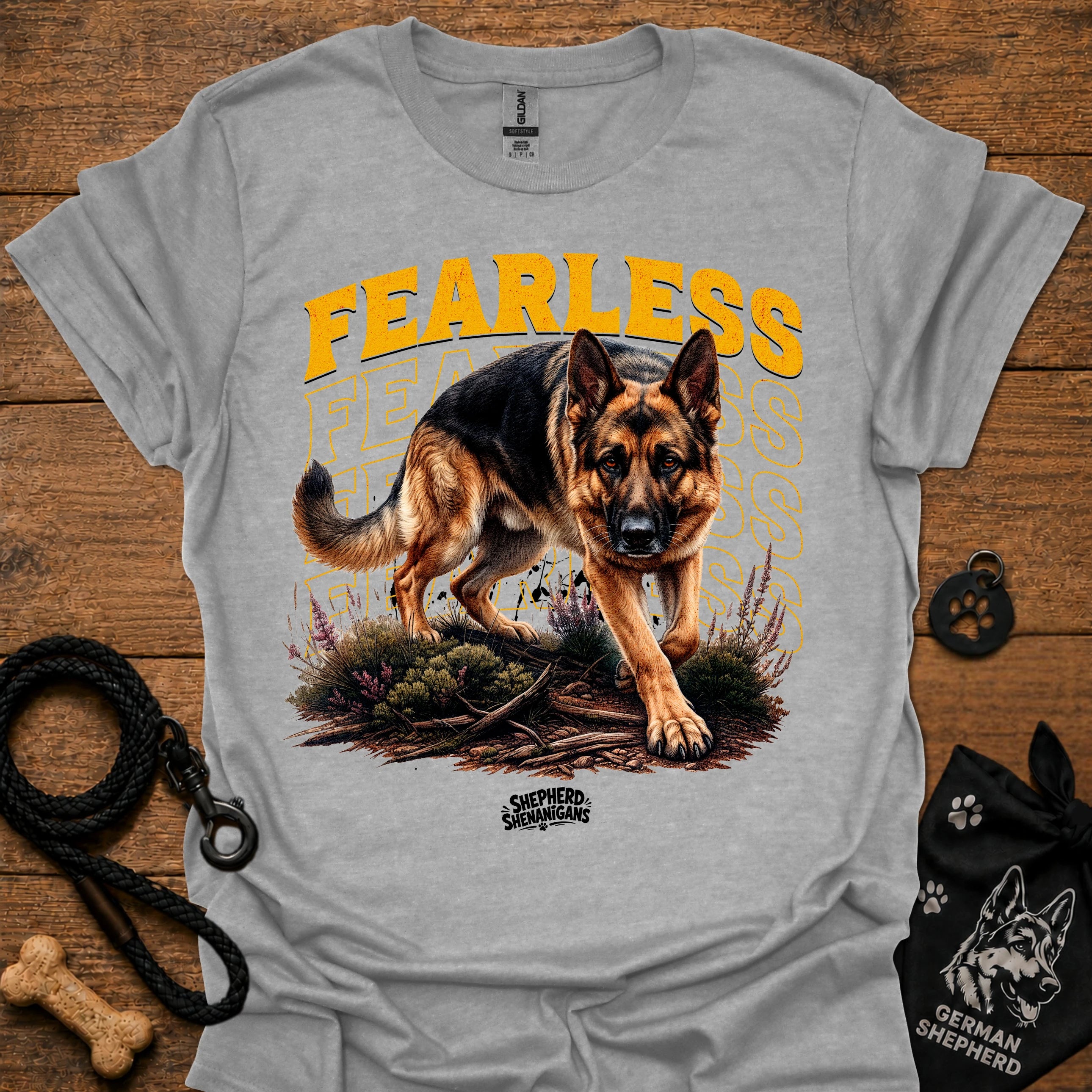 Sport grey graphic dog T-shirt with 'Fearless' text and running German shepherd print