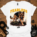 White graphic dog T-shirt with 'Fearless' text and running German shepherd print