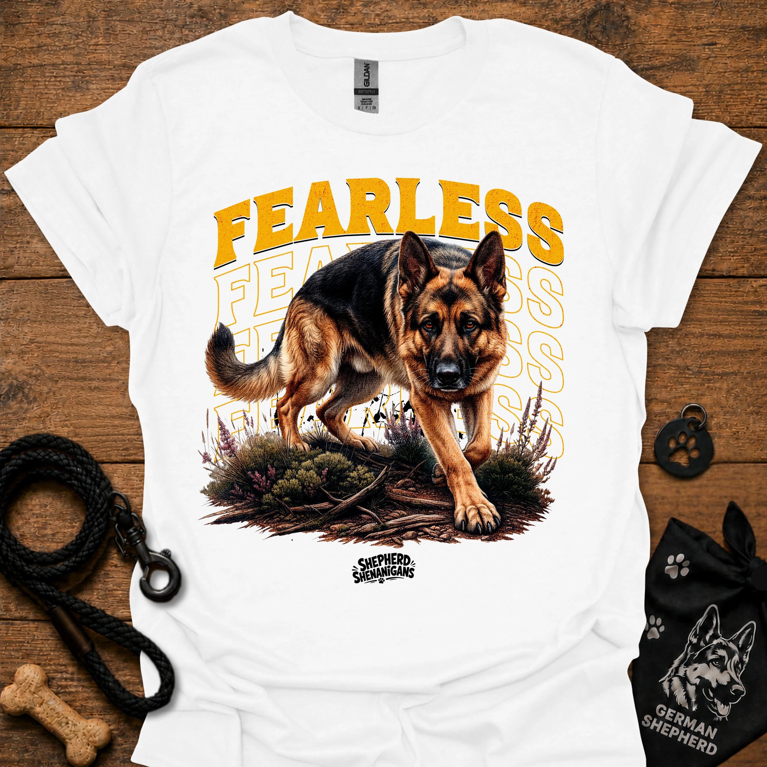 White graphic dog T-shirt with 'Fearless' text and running German shepherd print