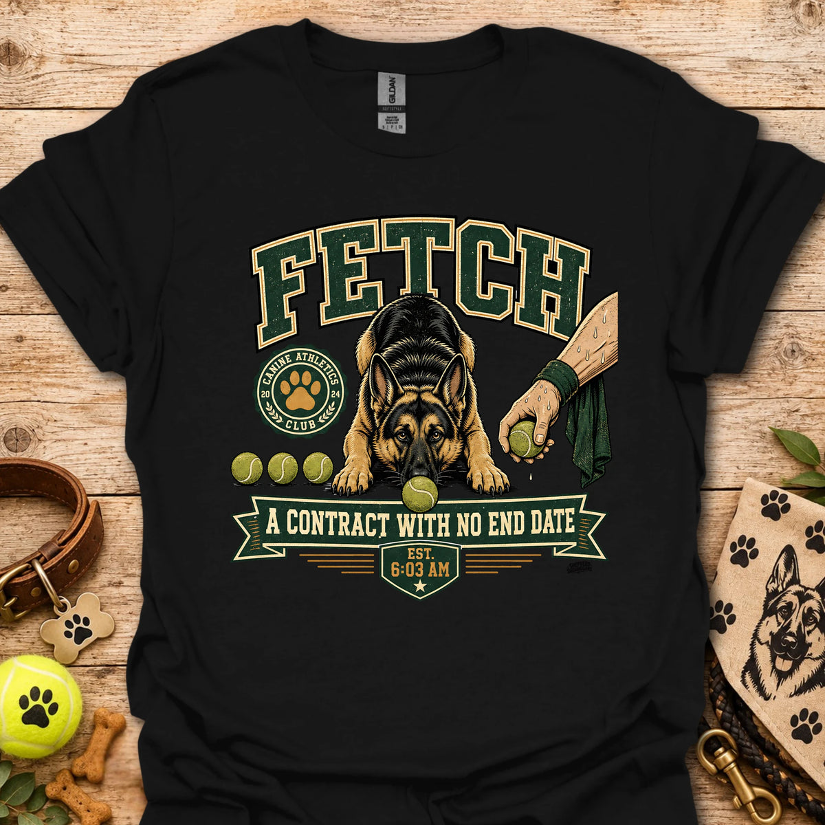 Black t-shirt with dog graphic and “A contract with no end date” chest print