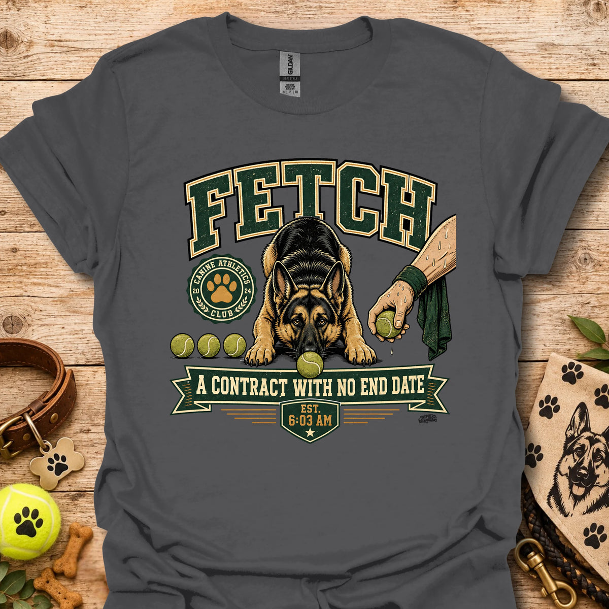 Dark charcoal t-shirt with dog graphic and “A contract with no end date” print