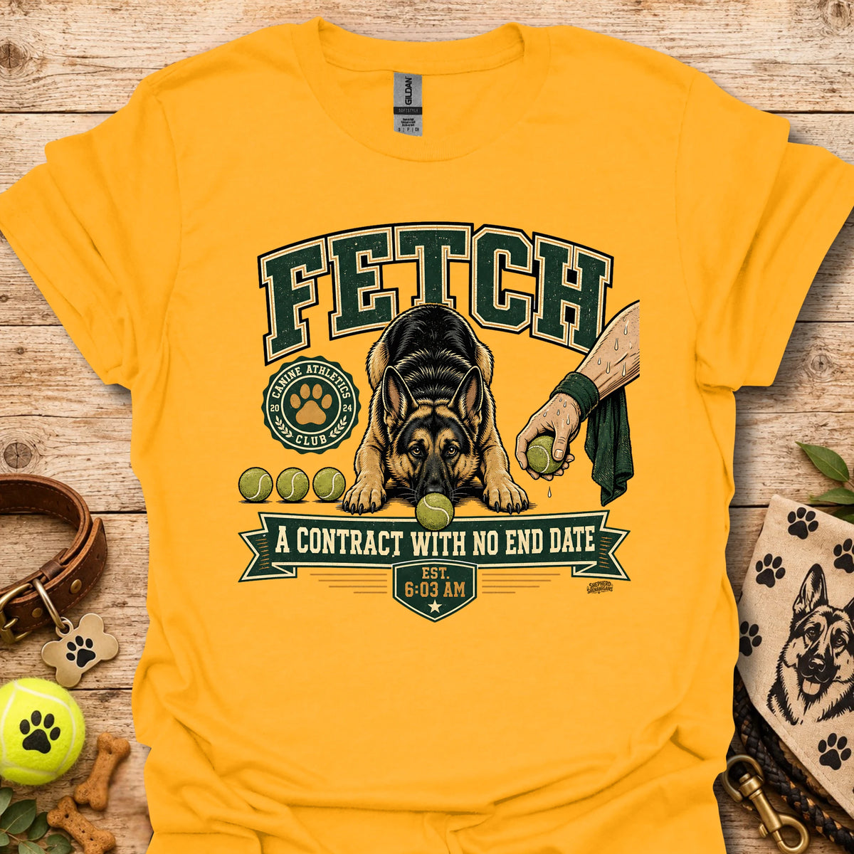 Gold/yellow t-shirt with dog graphic and “A contract with no end date” chest print
