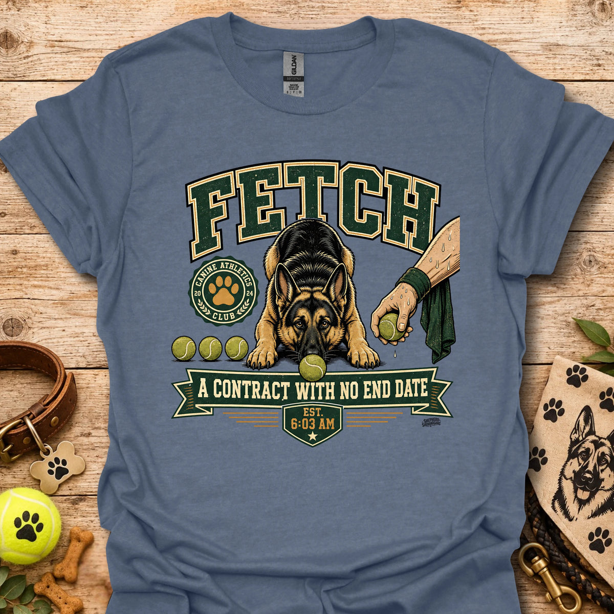 Steel blue t-shirt with dog graphic and “A contract with no end date” front print