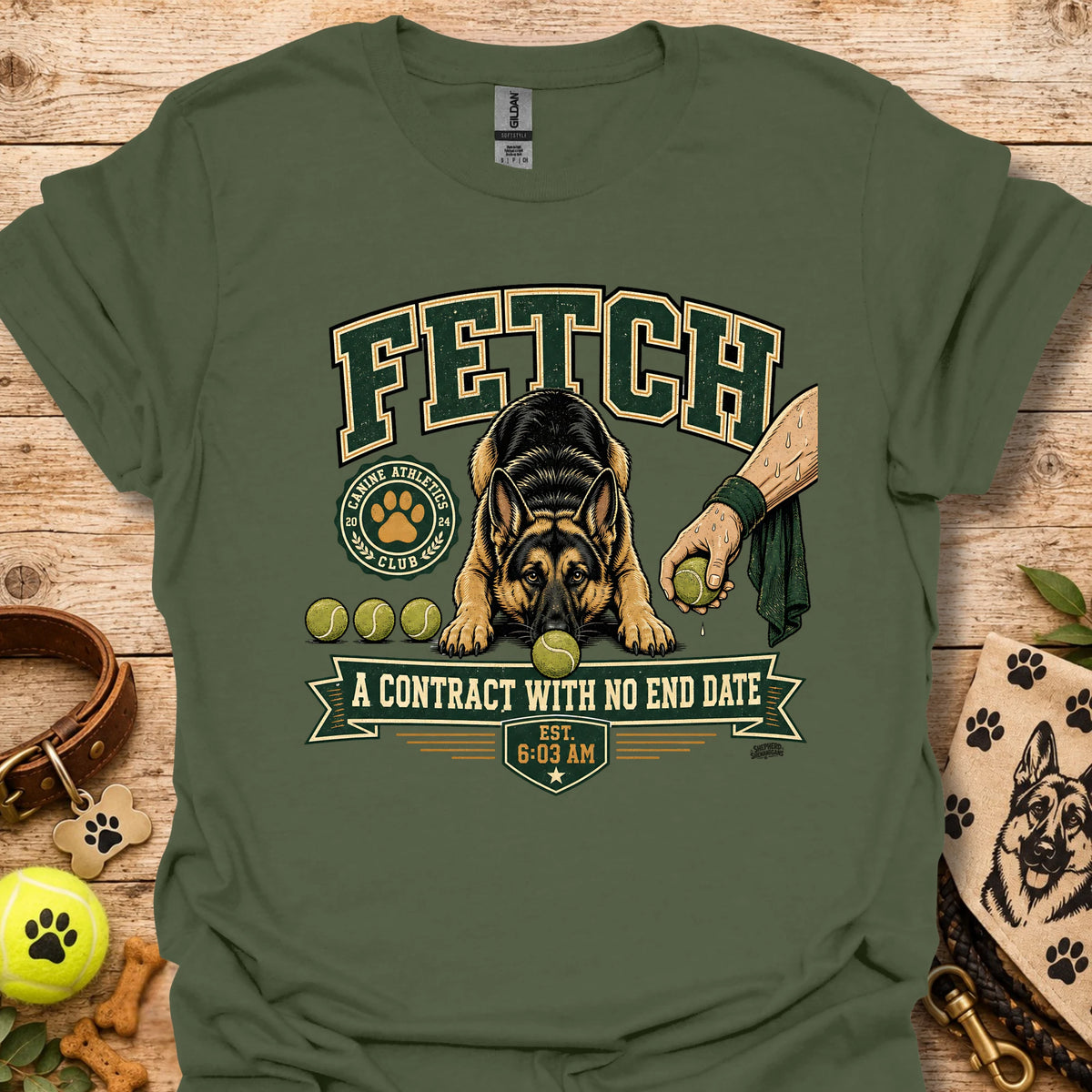 Olive green t-shirt with dog graphic and “A contract with no end date” front design