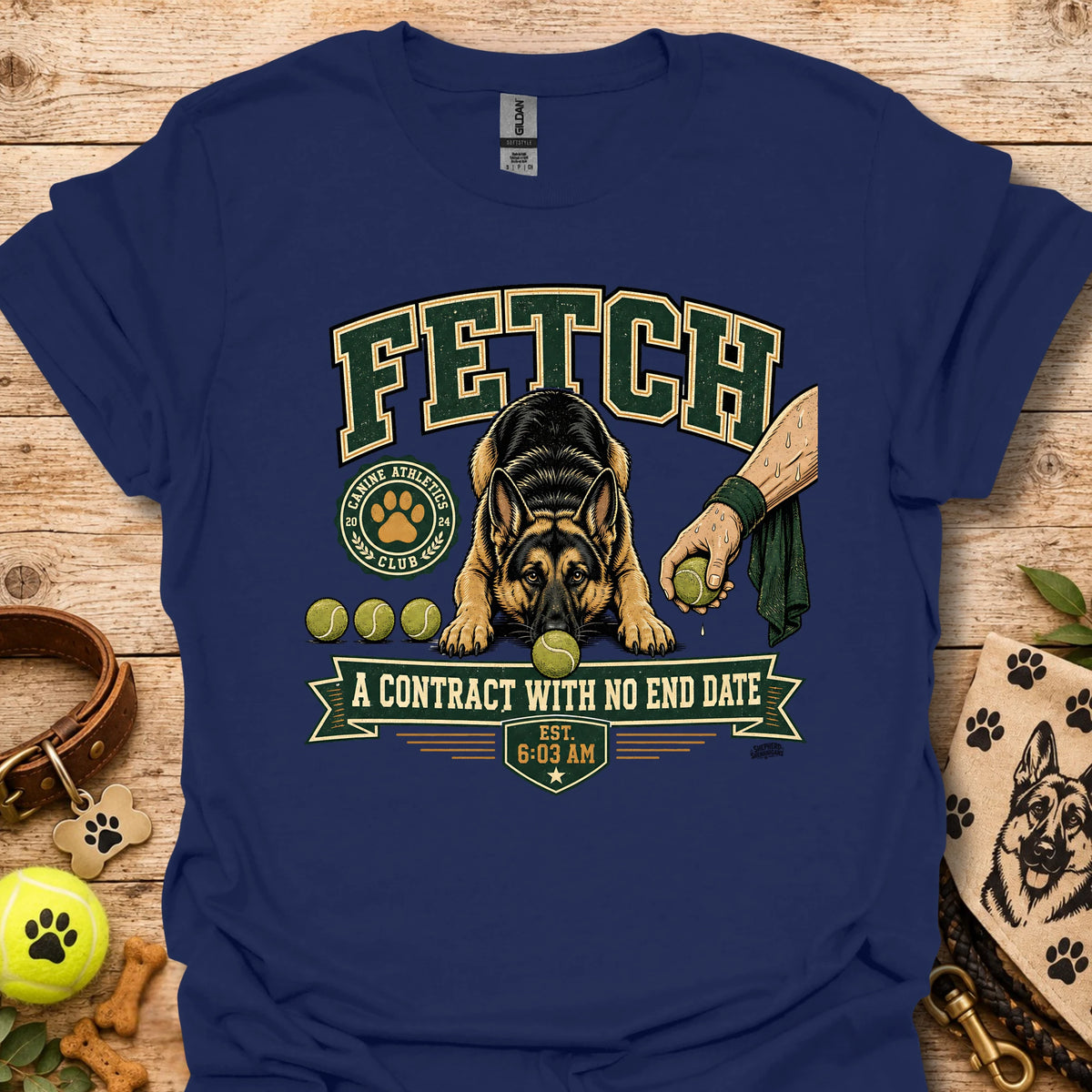 Navy t-shirt with dog graphic and “A contract with no end date” chest print