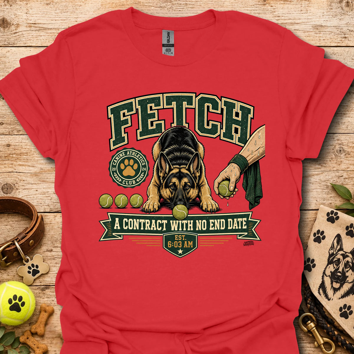 Red t-shirt with centered dog graphic and “A contract with no end date” text