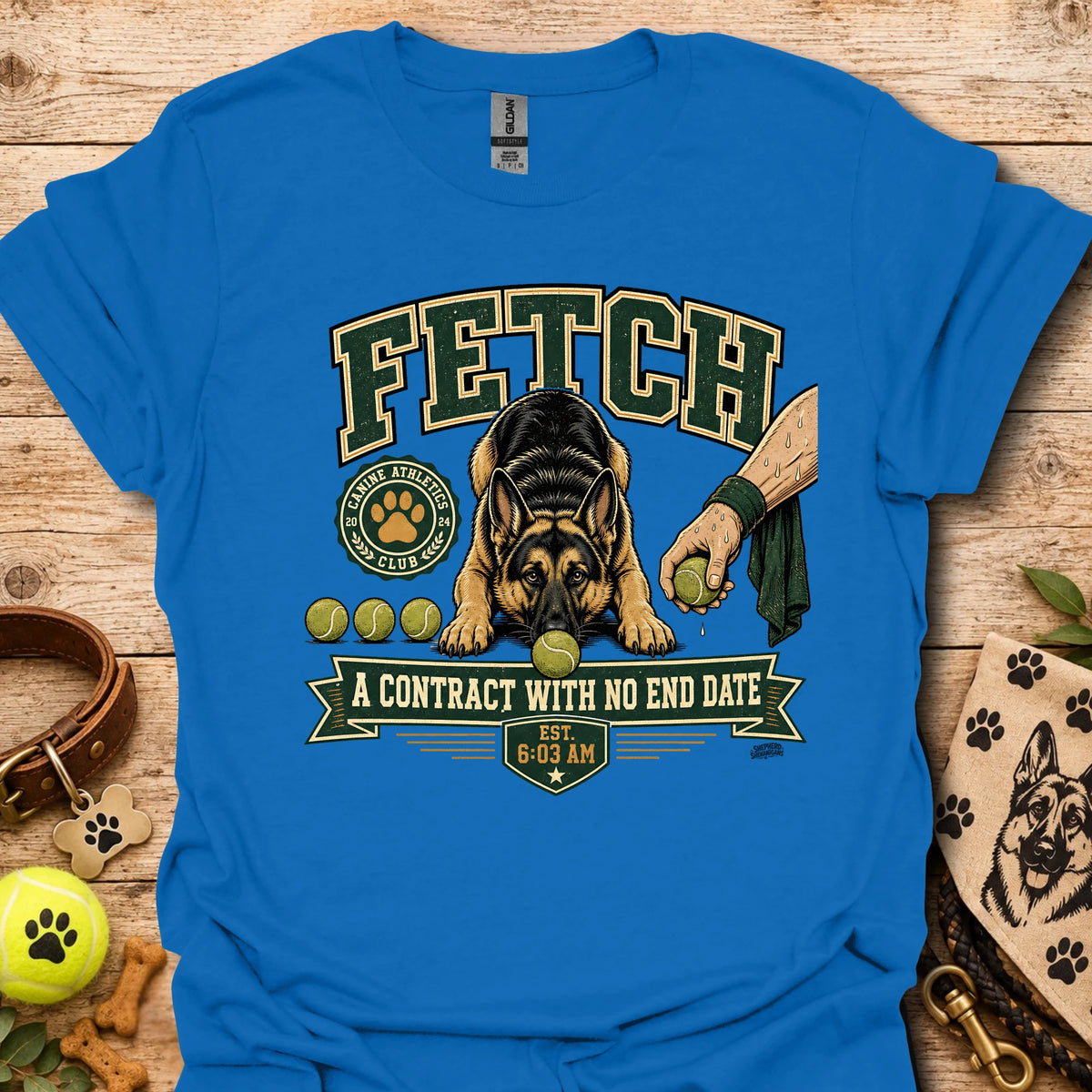 Royal blue t-shirt with dog graphic and “A contract with no end date” chest design