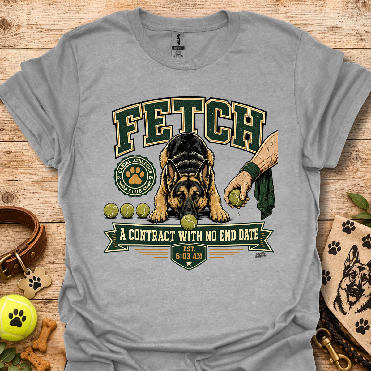 Light gray t-shirt with dog graphic and “A contract with no end date” front print