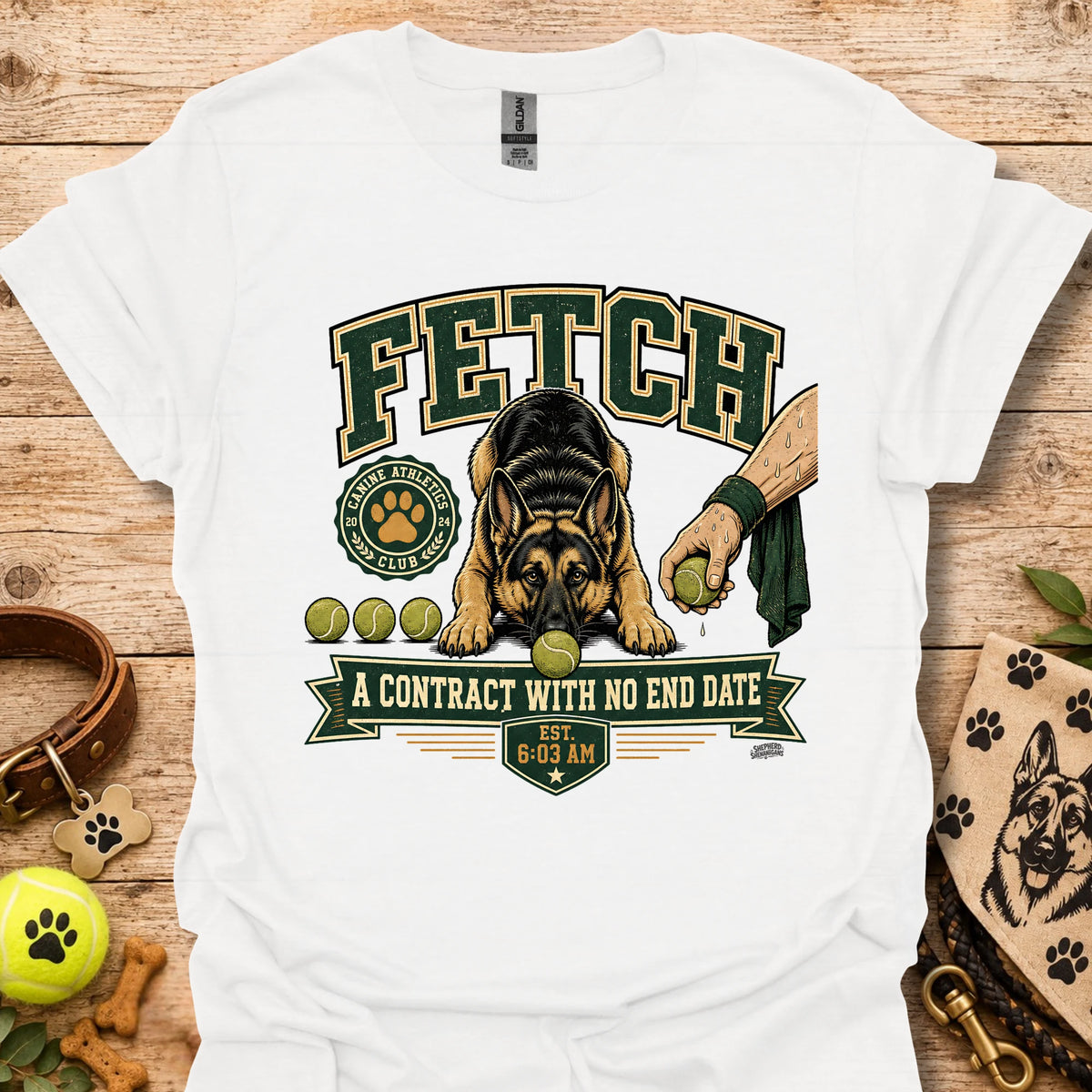 White t-shirt with dog graphic and “A contract with no end date” front design
