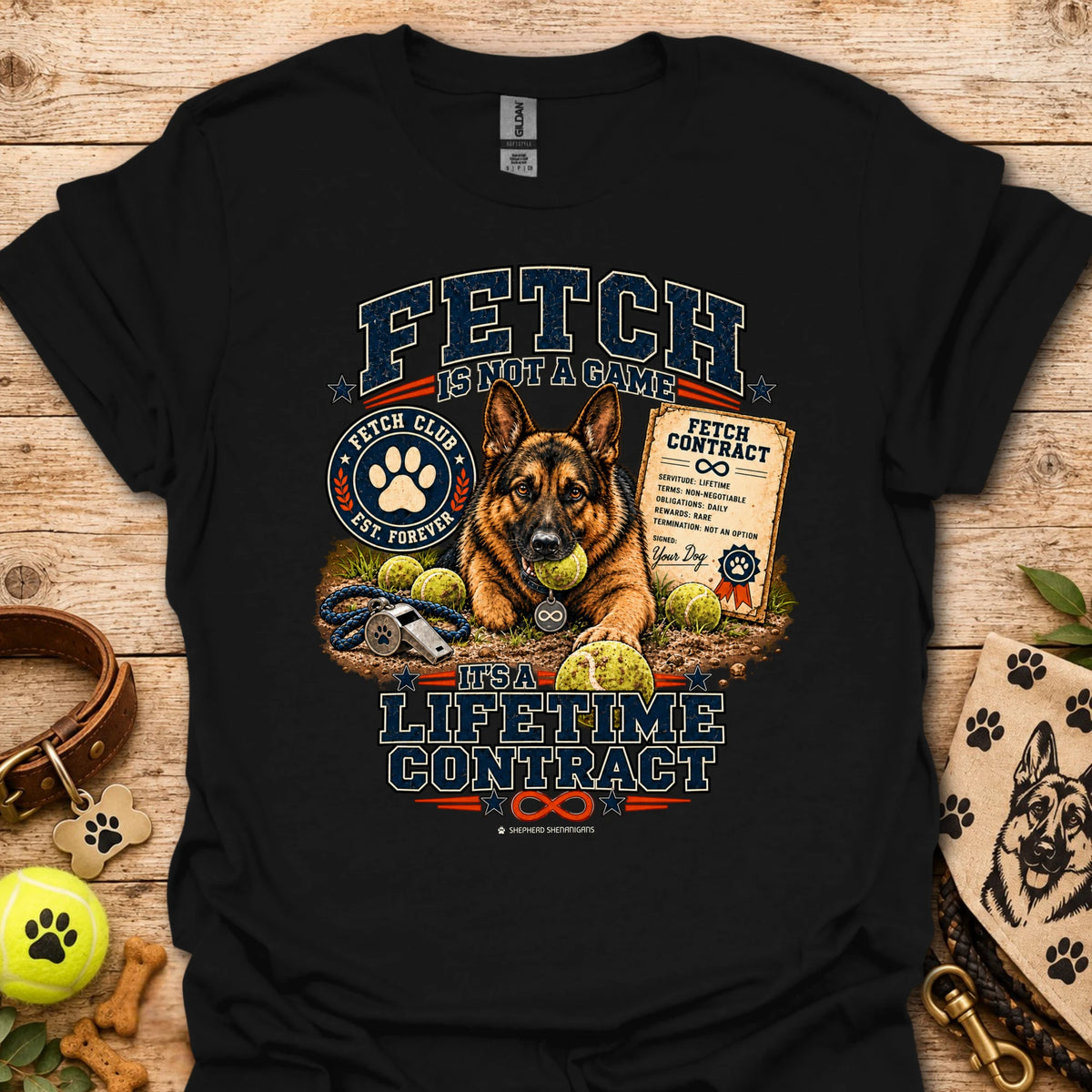Black Fetch lifetime contract T-shirt with dog portrait and emblem-style front graphic