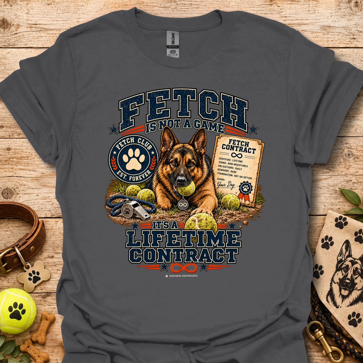 Charcoal Fetch lifetime contract T-shirt with bold dog graphic front print