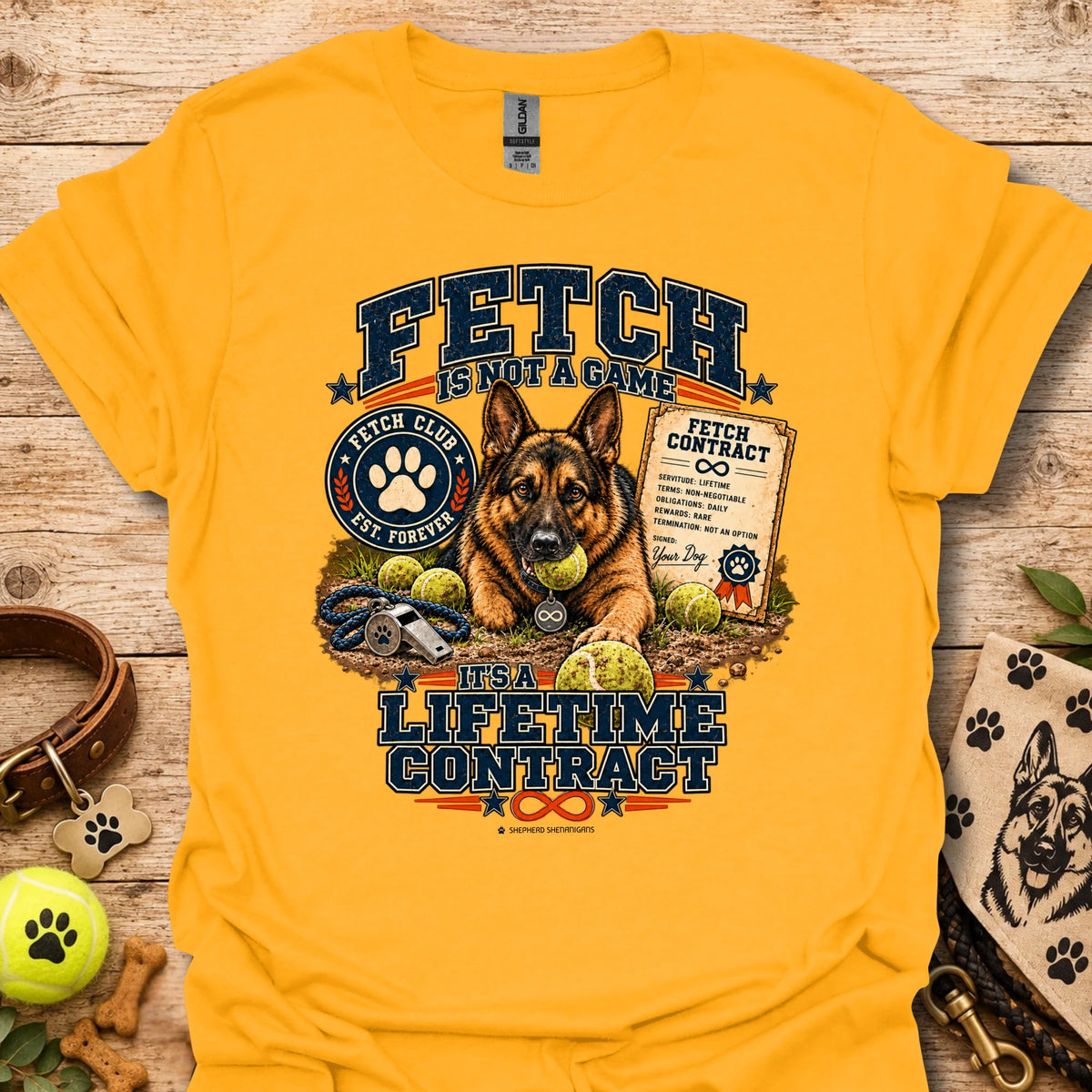 Gold Fetch lifetime contract T-shirt with dog portrait and badge front text graphic