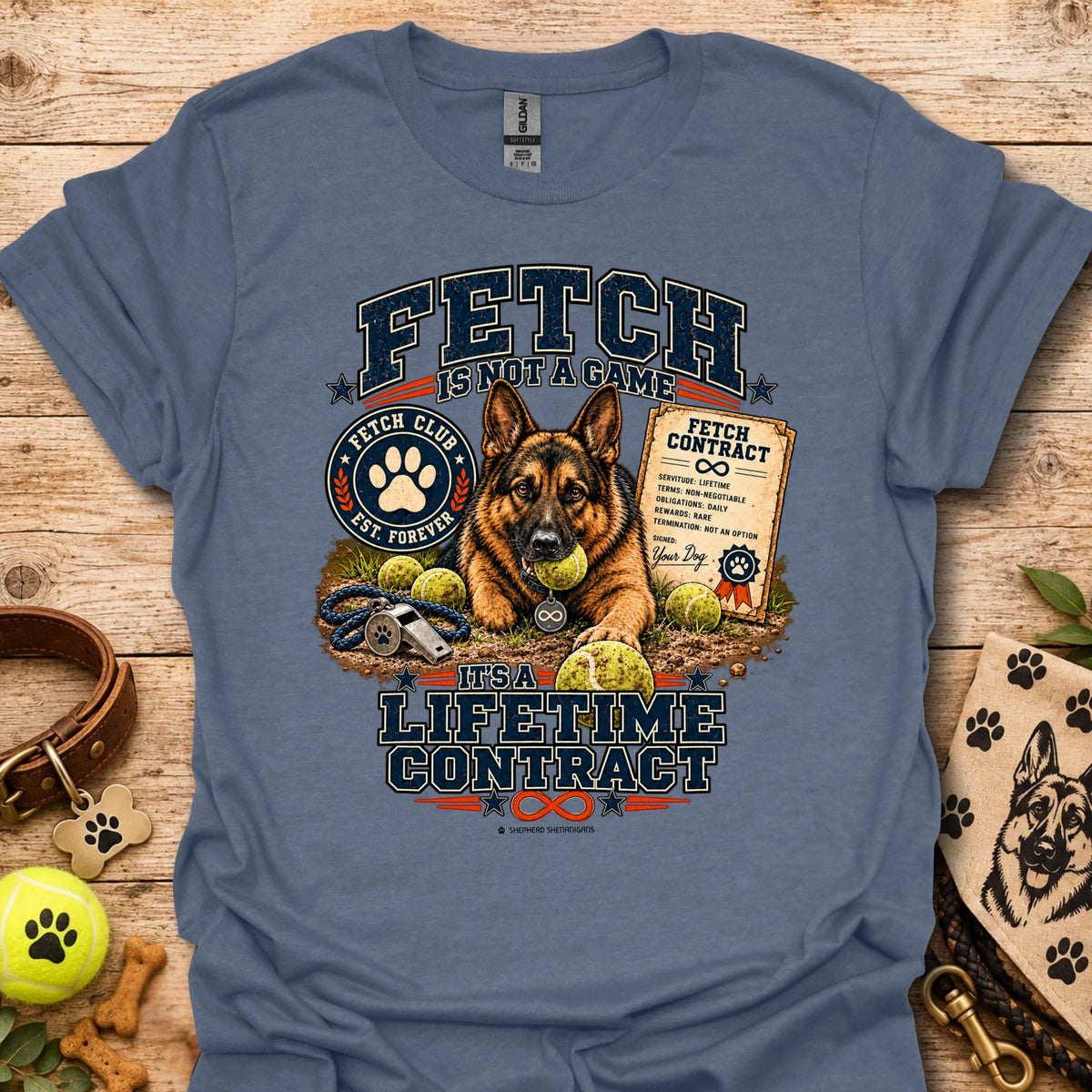 Heather blue Fetch lifetime contract T-shirt with dog graphic and lifetime contract text