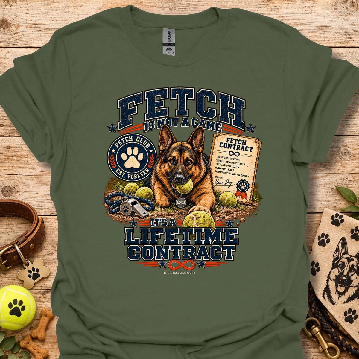 Military green Fetch lifetime contract T-shirt with dog face graphic and lifetime print
