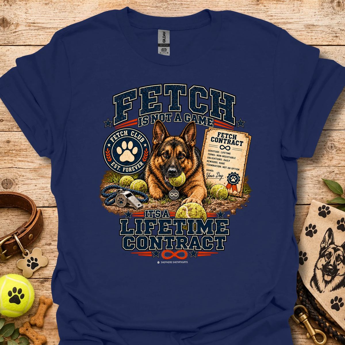 Navy Fetch lifetime contract T-shirt with dog portrait and badge style front print