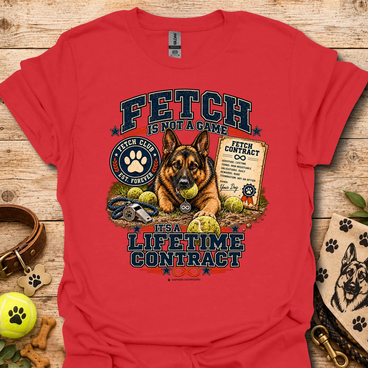 Red Fetch lifetime contract T-shirt with centered dog graphic and lifetime text