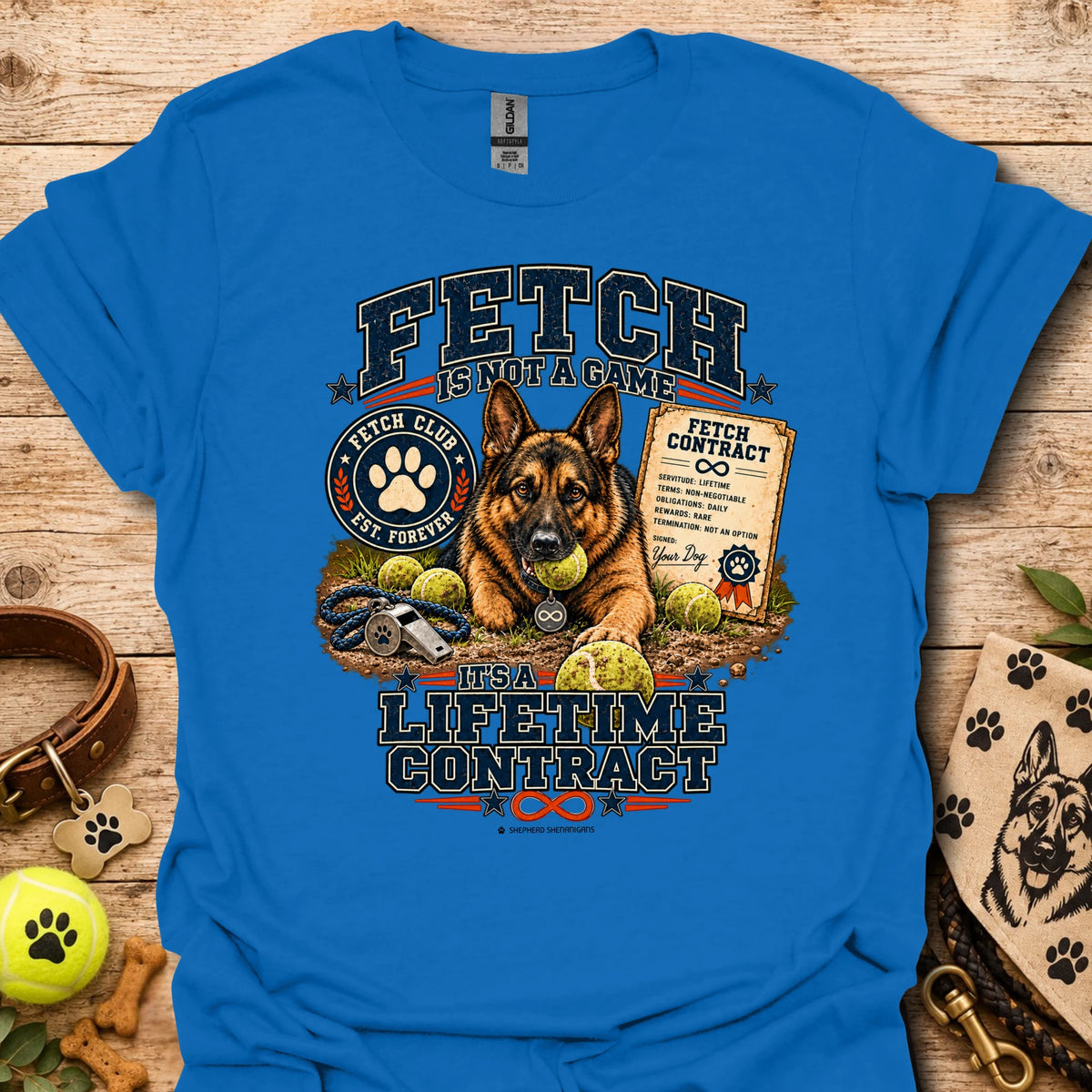 Royal blue Fetch lifetime contract T-shirt with dog face graphic and slogan print