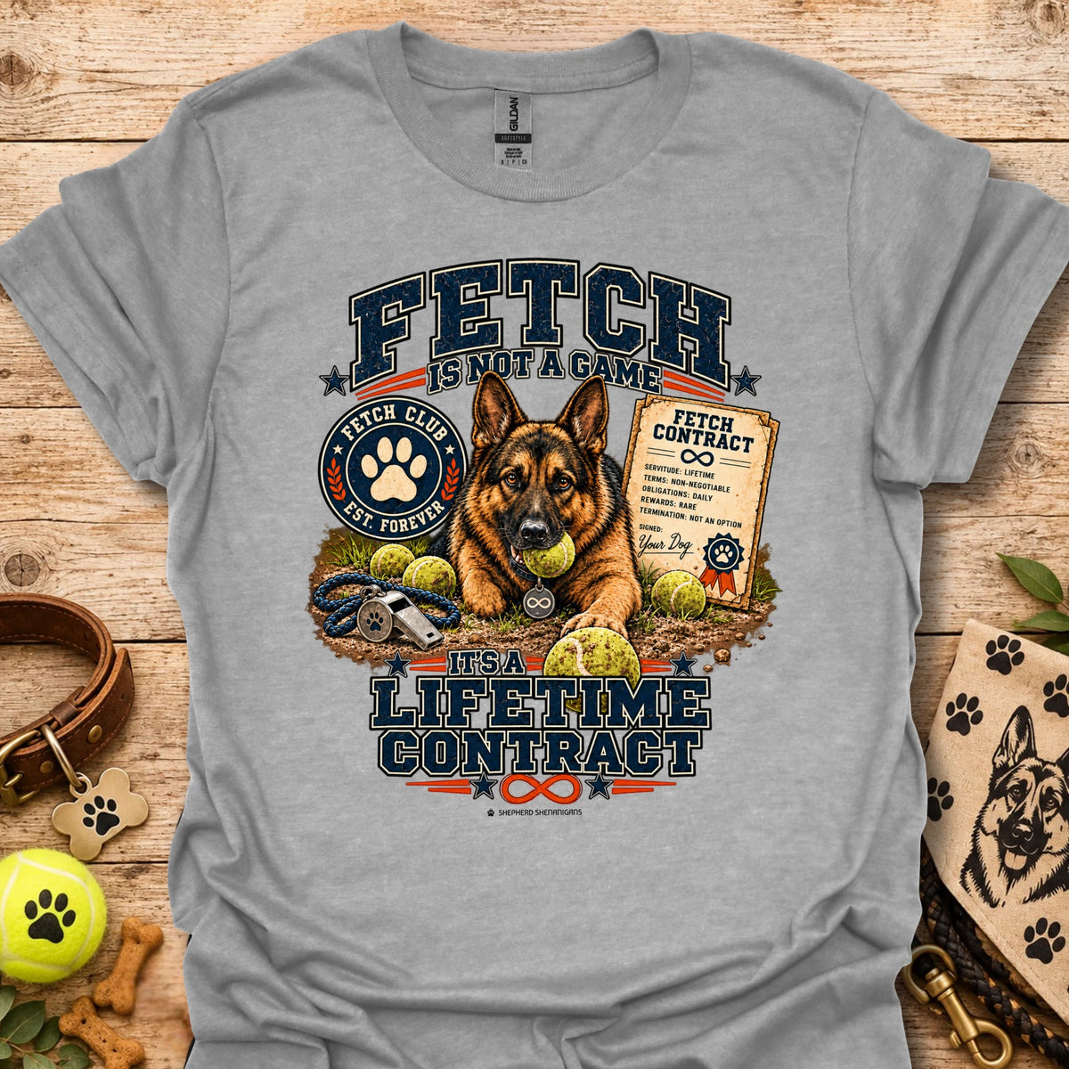 Light gray Fetch lifetime contract T-shirt with detailed dog portrait front design