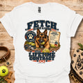 White Fetch lifetime contract T-shirt with dog graphic and vintage-style text print