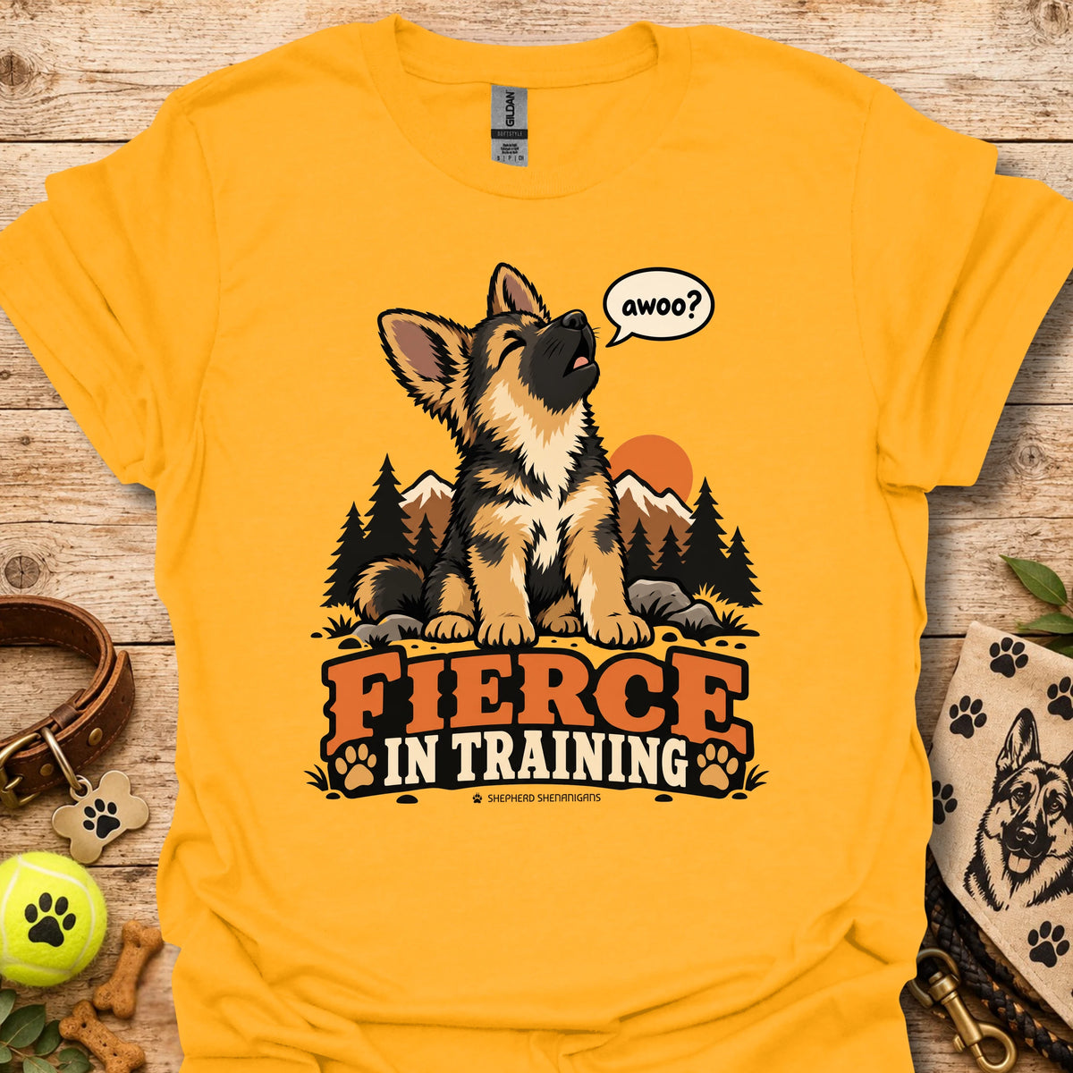 Fierce In Training T-shirt in gold with seated wolf graphic and Fierce in Training text