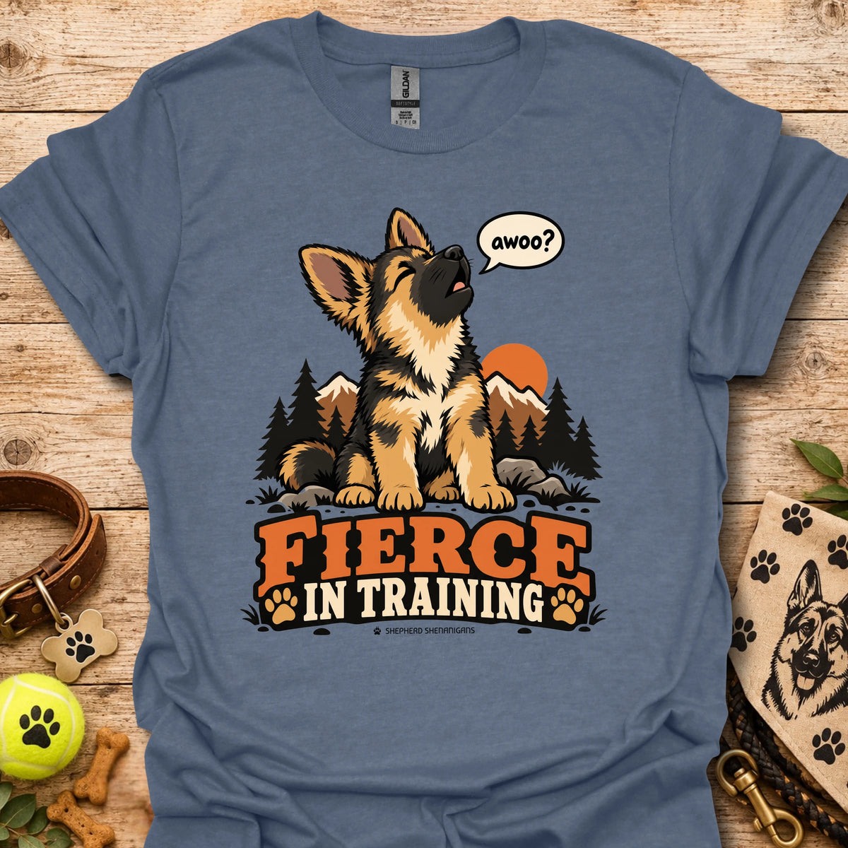Fierce In Training T-shirt in blue with seated wolf graphic and Fierce in Training text