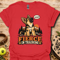 Fierce In Training T-shirt in red with seated wolf graphic and Fierce in Training text