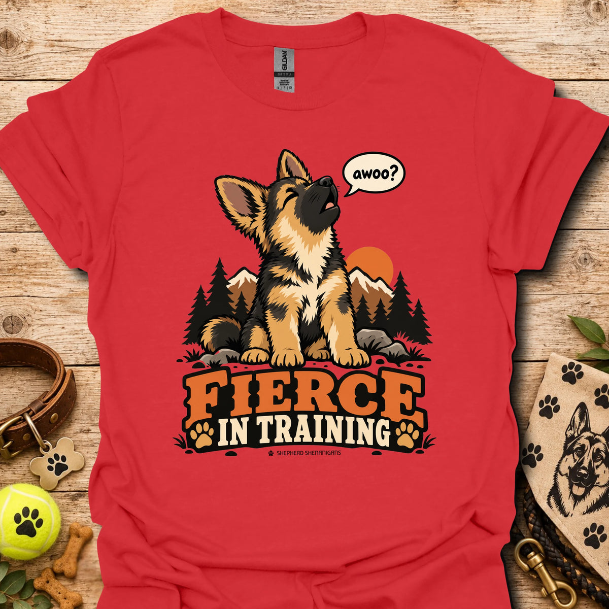 Fierce In Training T-shirt in red with seated wolf graphic and Fierce in Training text