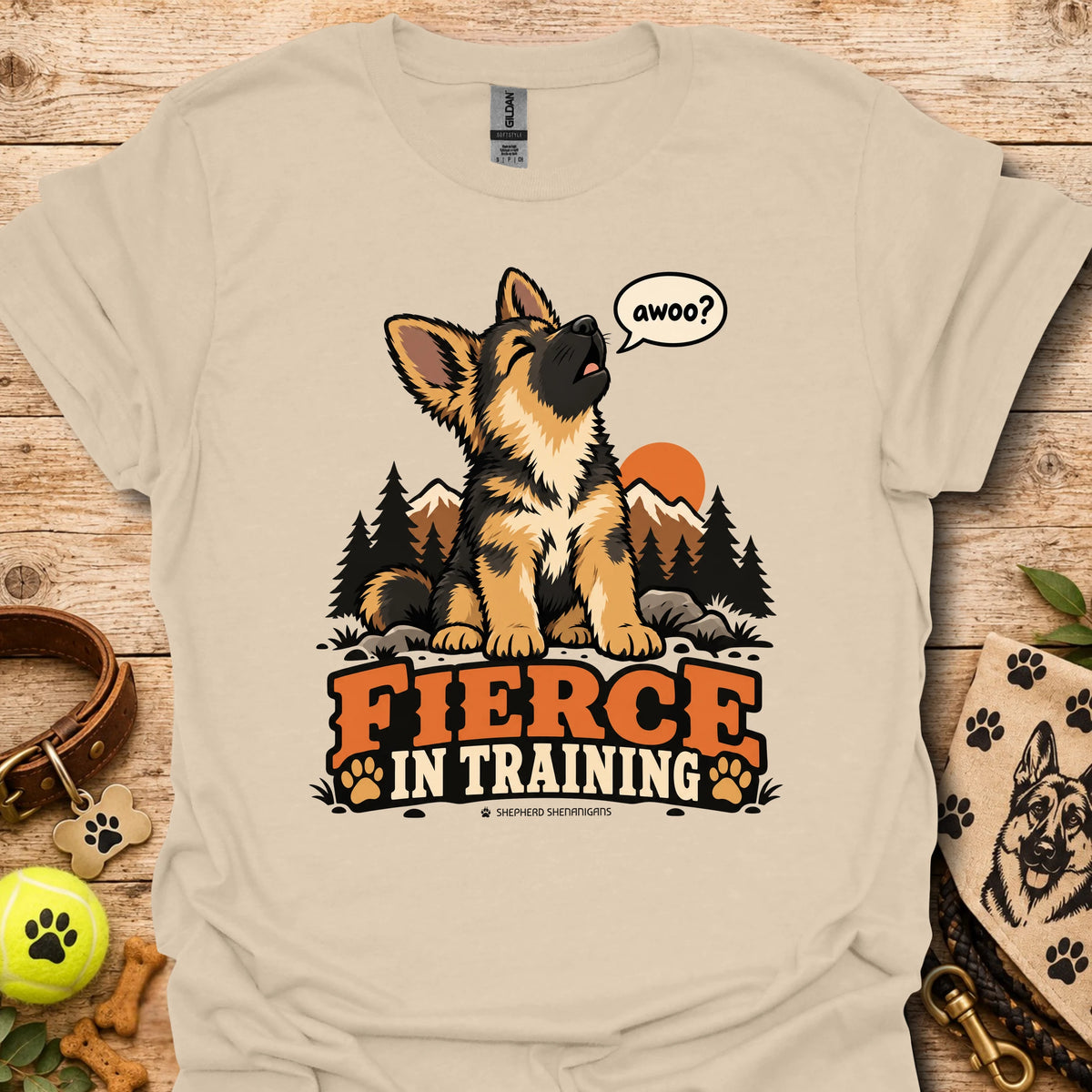 Fierce In Training T-shirt in sand with seated wolf graphic and Fierce in Training text