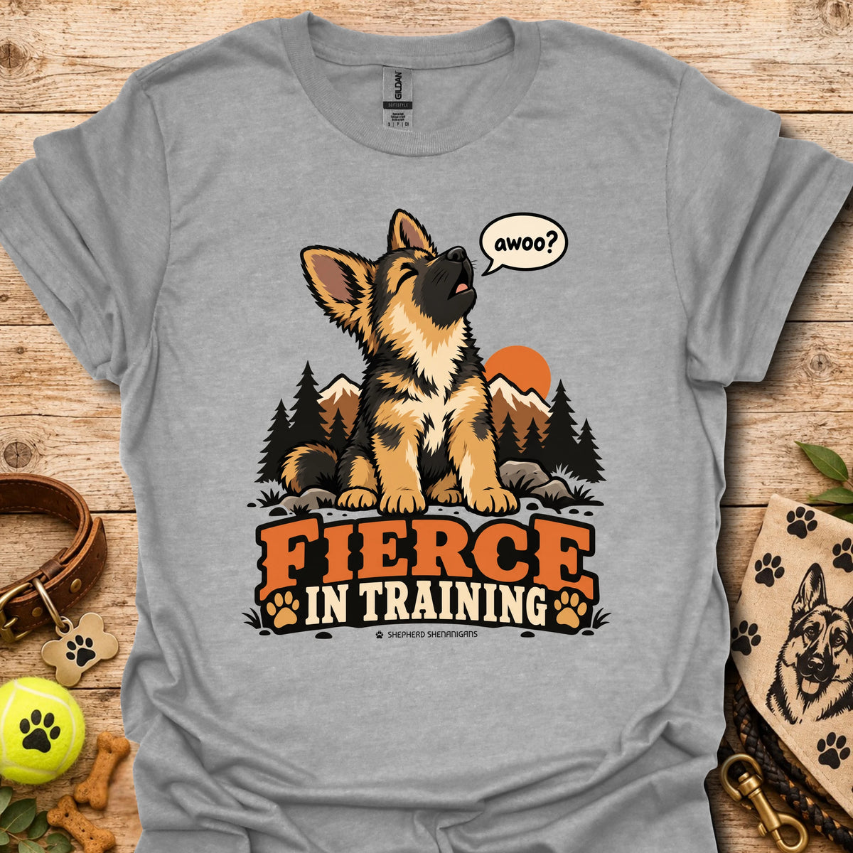 Fierce In Training T-shirt in sport gray with seated wolf graphic and Fierce in Training text