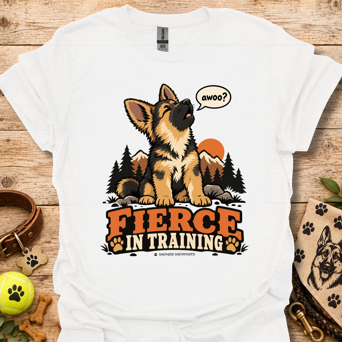 Fierce In Training T-shirt in white with seated wolf graphic and Fierce in Training text