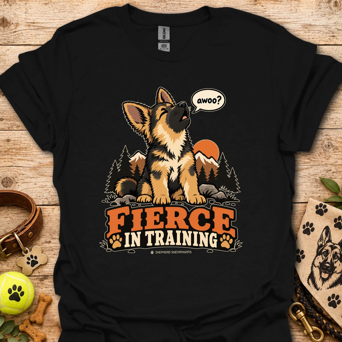 Fierce In Training T-shirt in black with seated wolf graphic and Fierce in Training text