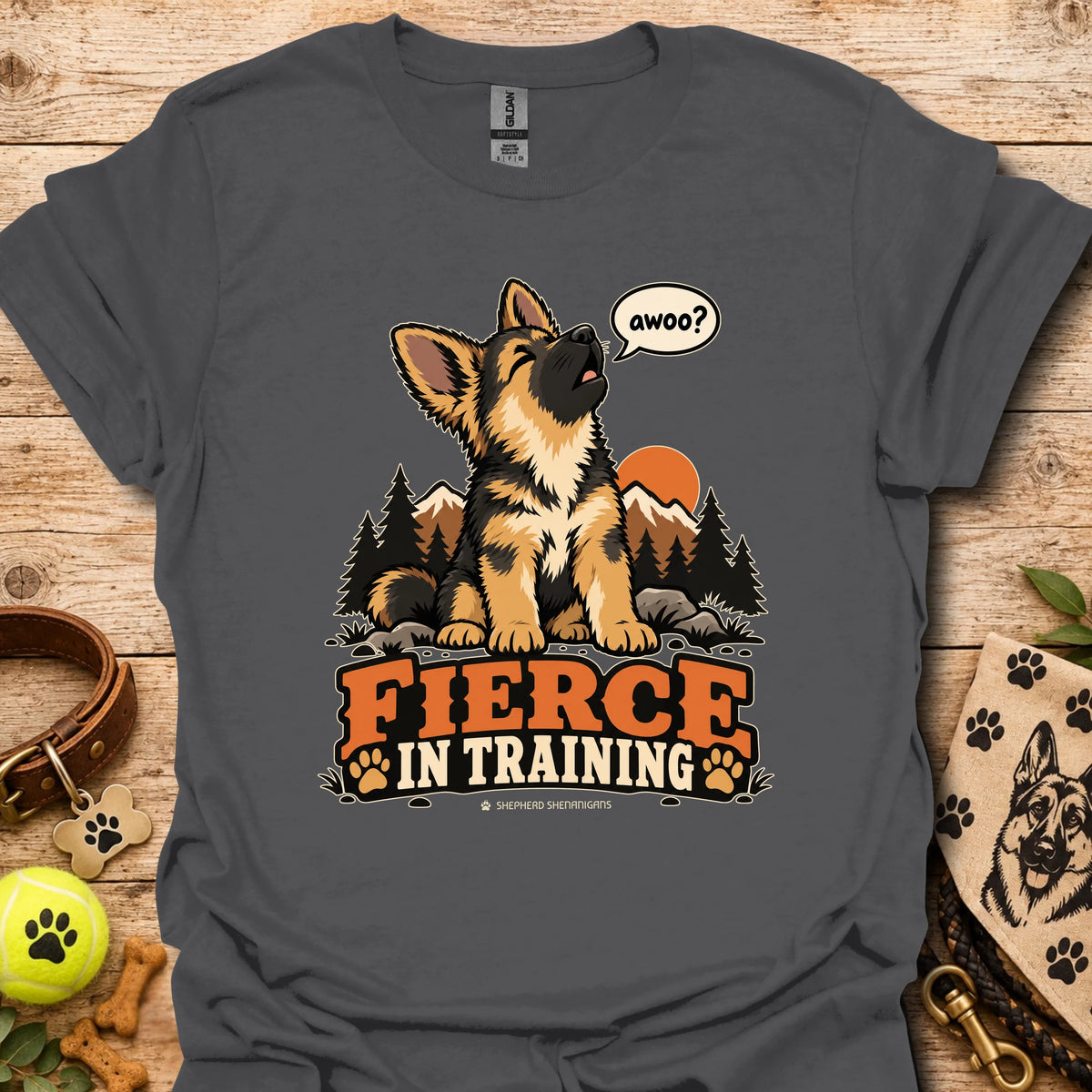 Fierce In Training T-shirt in charcoal with seated wolf graphic and Fierce in Training text