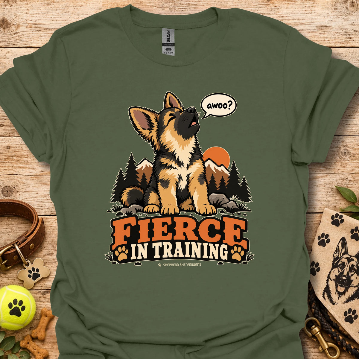 Fierce In Training T-shirt in military green with seated wolf graphic and Fierce in Training text