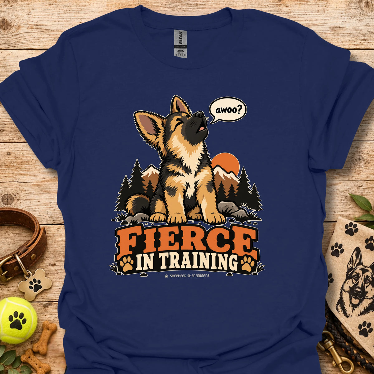 Fierce In Training T-shirt in navy with seated wolf graphic and Fierce in Training text