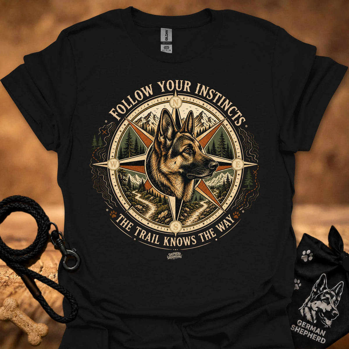 Black crew-neck T-shirt with front compass dog graphic