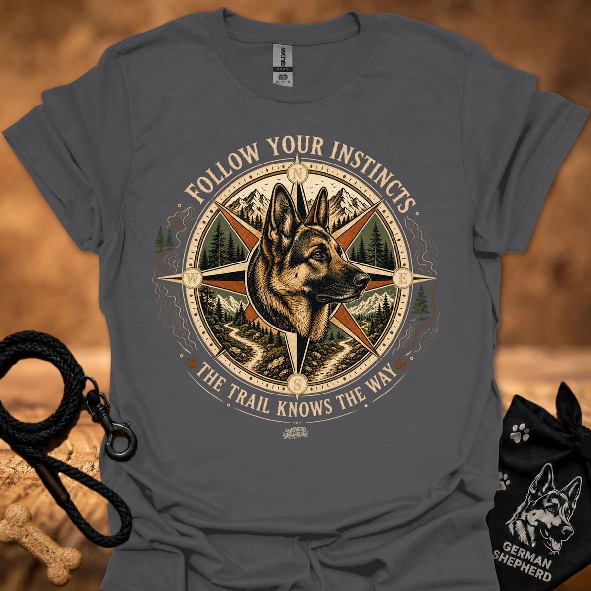 Dark gray crew-neck T-shirt with front compass dog graphic