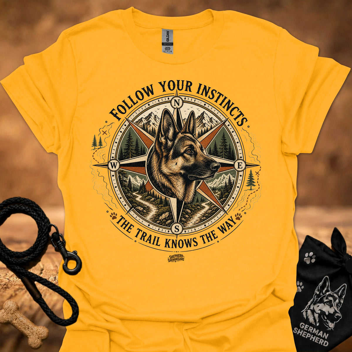 Gold crew-neck T-shirt with front compass dog graphic
