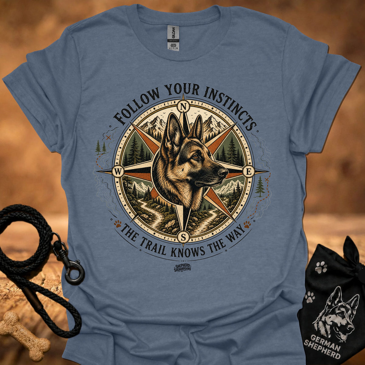 Steel blue crew-neck T-shirt with front compass dog graphic