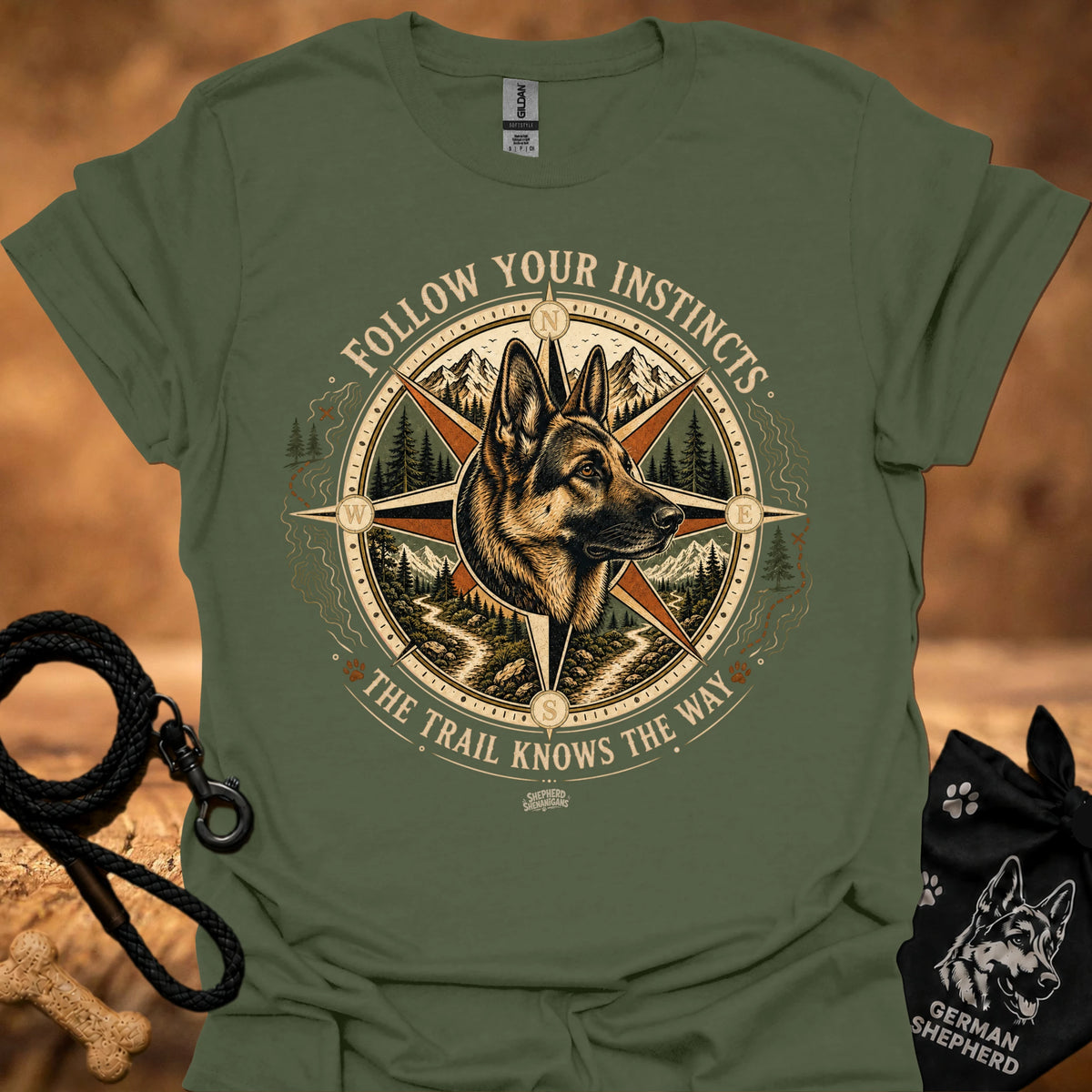 Military green crew-neck T-shirt with front compass dog graphic