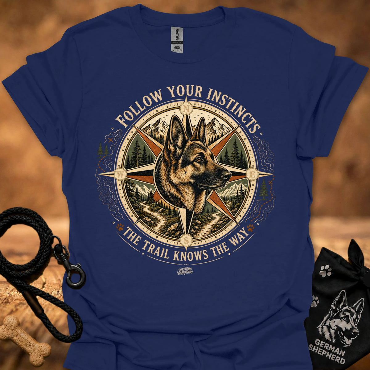 Navy crew-neck T-shirt with front compass dog graphic