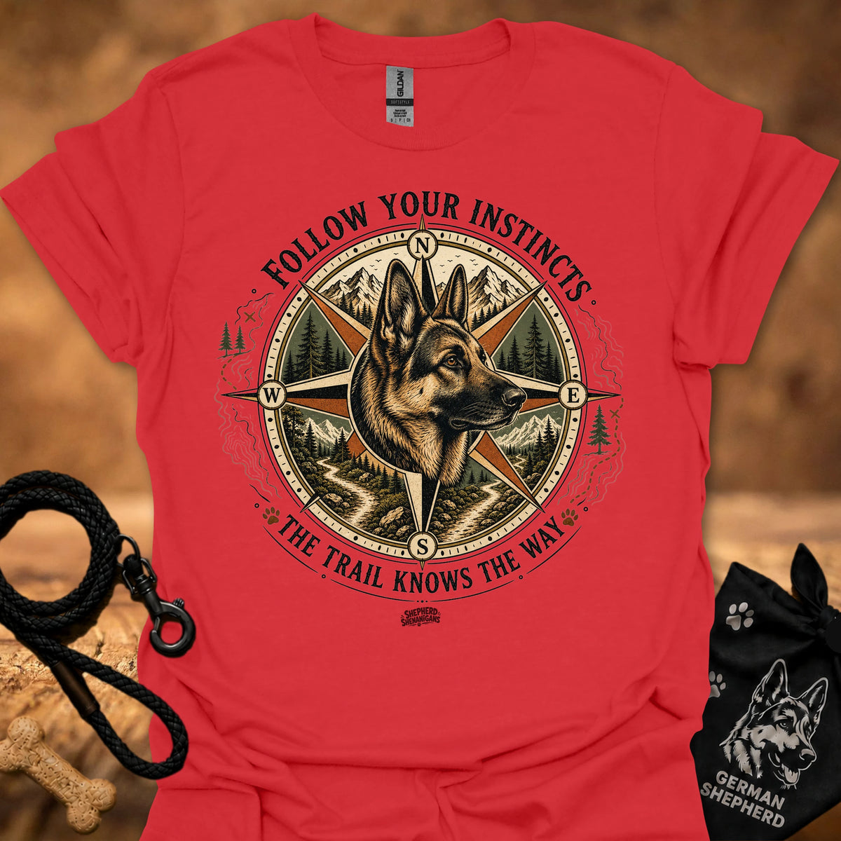 Red crew-neck T-shirt with front compass dog graphic